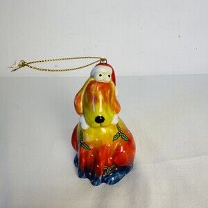 Floppy Dog Red Hand Painted Holly Decor Christmas Ornament